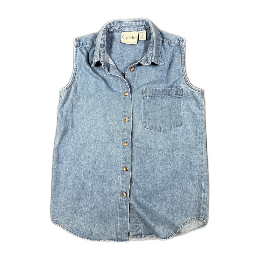 Copper Key Womens Medium Light Wash Denim Sleeveless Button Down Shirt Vest